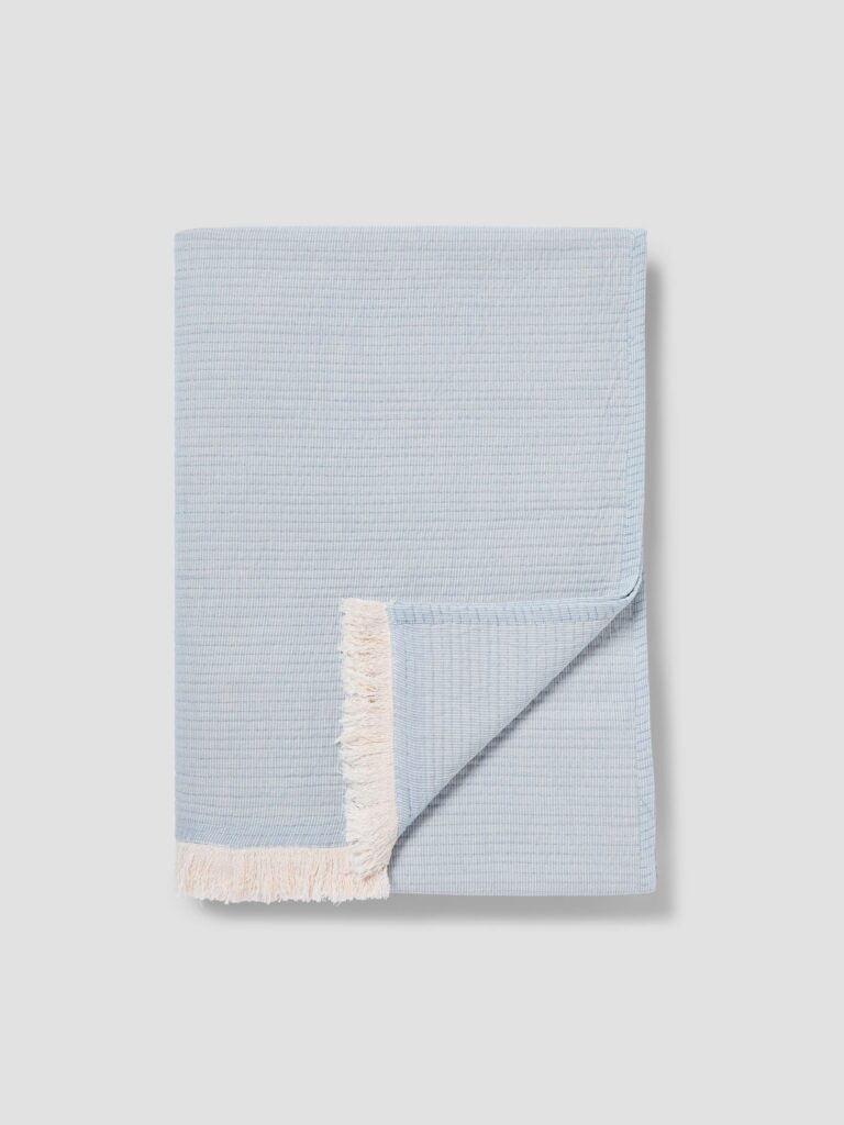 Dusk Blue Textured Cotton Throw Blanket - Fringed Edge